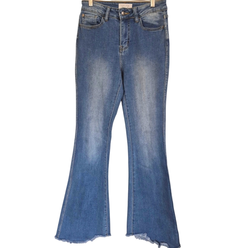 Nature Denim High Rise Flare Jeans Stretch Rough Hem Size 7